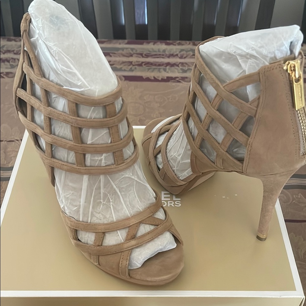 Michael Kors Tan Heeled Sandals with Cage Design
